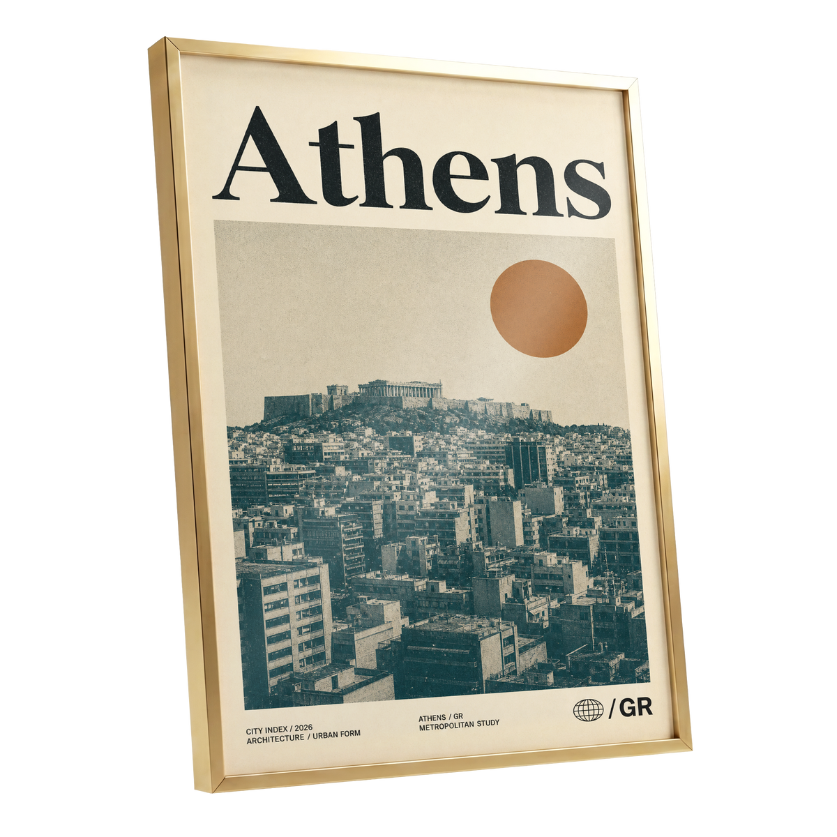 Athens Urban Study, beige, green, orange minimalist wall art shown as a gold framed poster wall art print