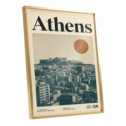 Athens Urban Study, beige, green, orange minimalist wall art shown as a gold framed poster wall art print