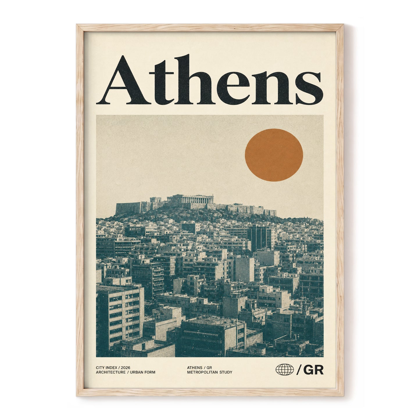 Athens Urban Study, beige, green, orange minimalist wall art, front artwork view
