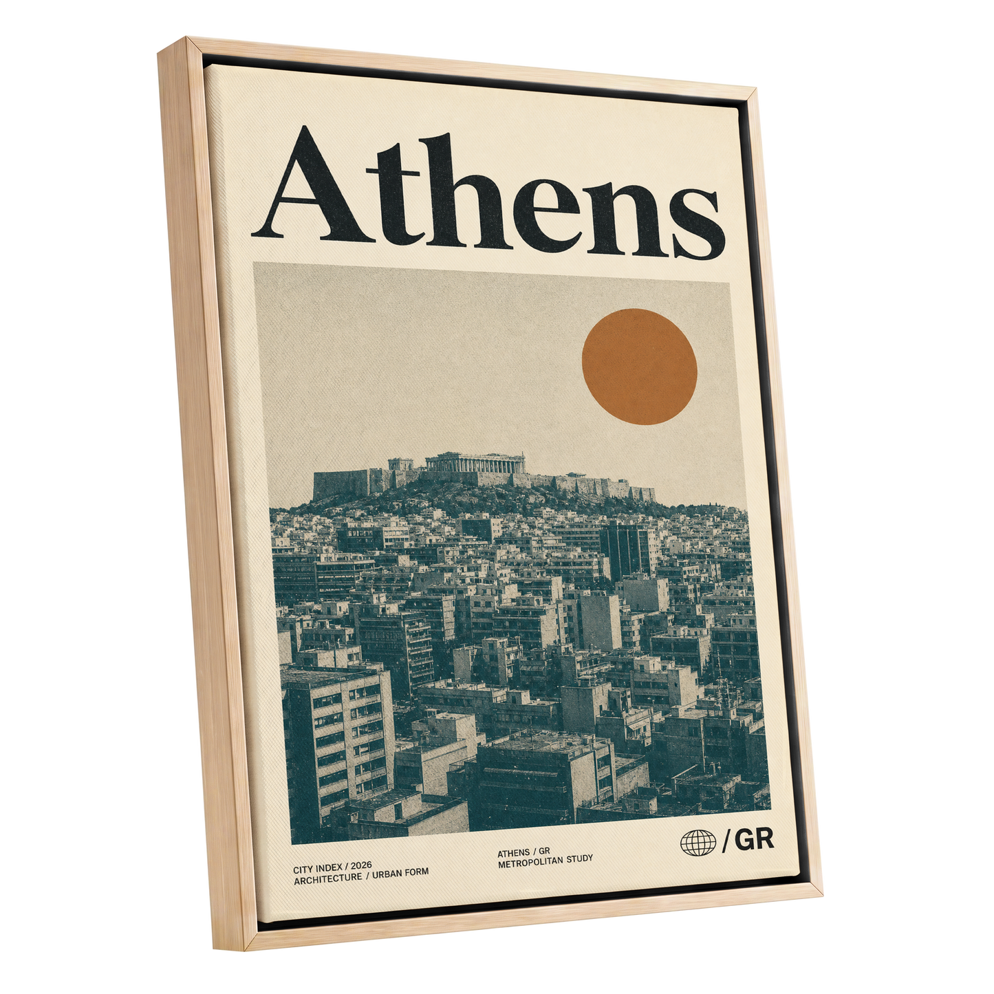 Athens Urban Study, beige, green, orange minimalist wall art shown as a oak framed canvas wall art