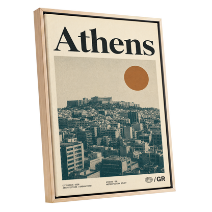 Athens Urban Study, beige, green, orange minimalist wall art shown as a oak framed canvas wall art