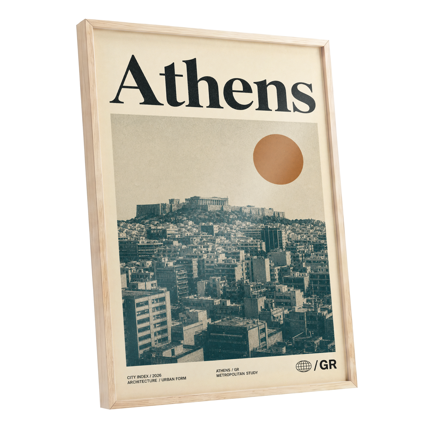 Athens Urban Study, beige, green, orange minimalist wall art shown as a oak framed poster wall art print