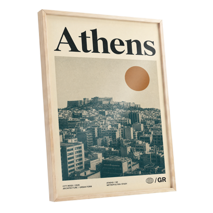 Athens Urban Study, beige, green, orange minimalist wall art shown as a oak framed poster wall art print