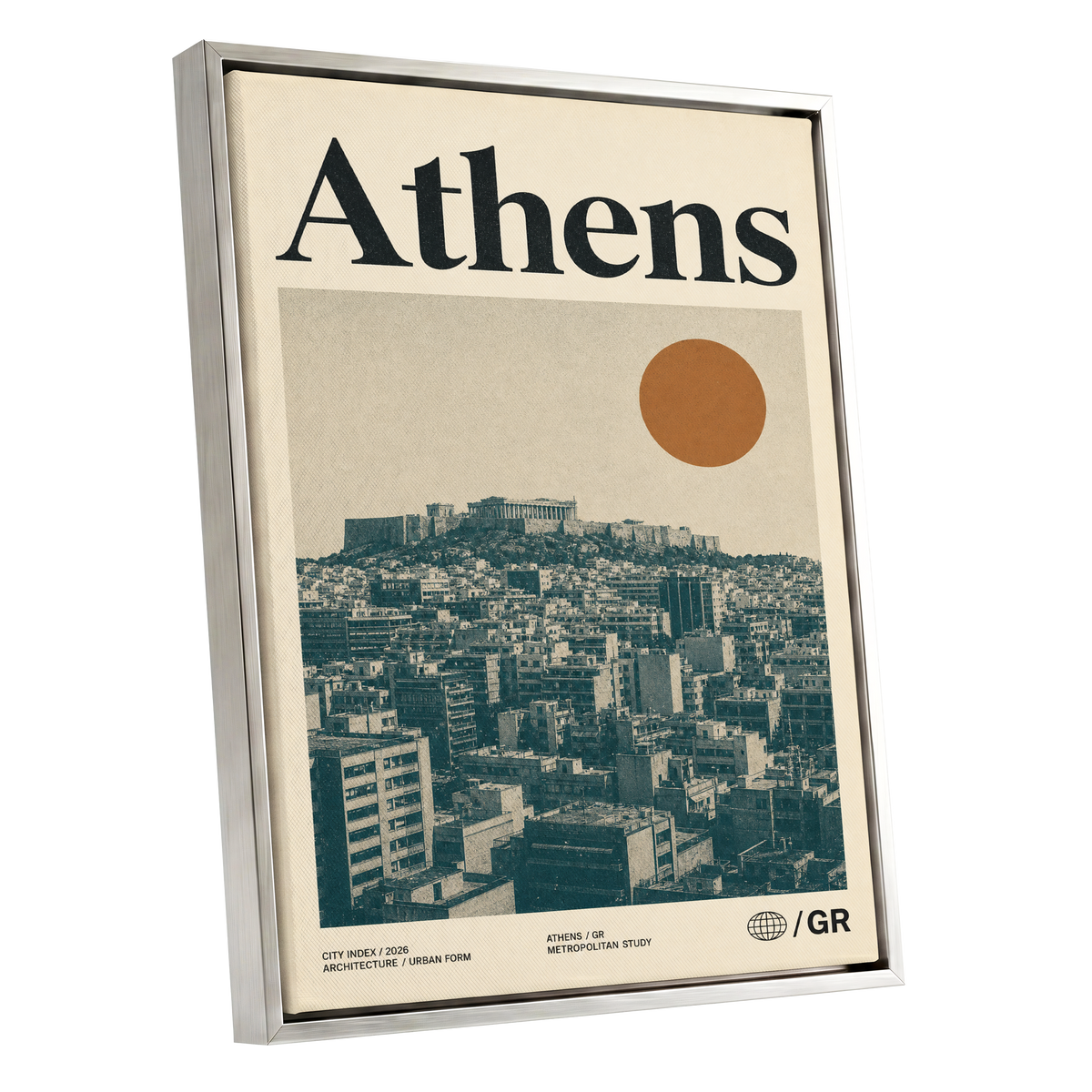 Athens Urban Study, beige, green, orange minimalist wall art shown as a silver framed canvas wall art