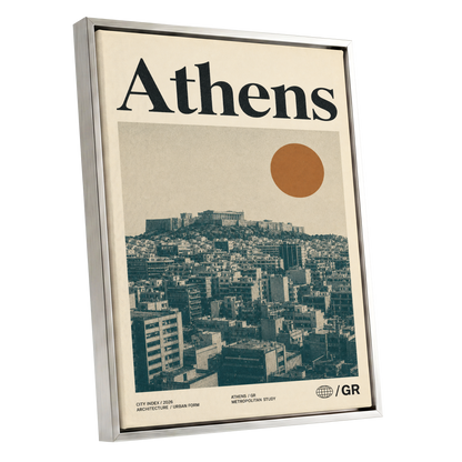 Athens Urban Study, beige, green, orange minimalist wall art shown as a silver framed canvas wall art