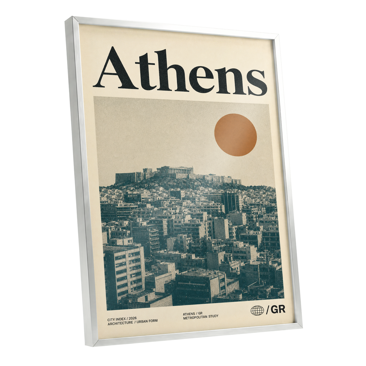 Athens Urban Study, beige, green, orange minimalist wall art shown as a silver framed poster wall art print