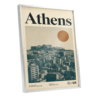 Athens Urban Study, beige, green, orange minimalist wall art shown as a silver framed poster wall art print