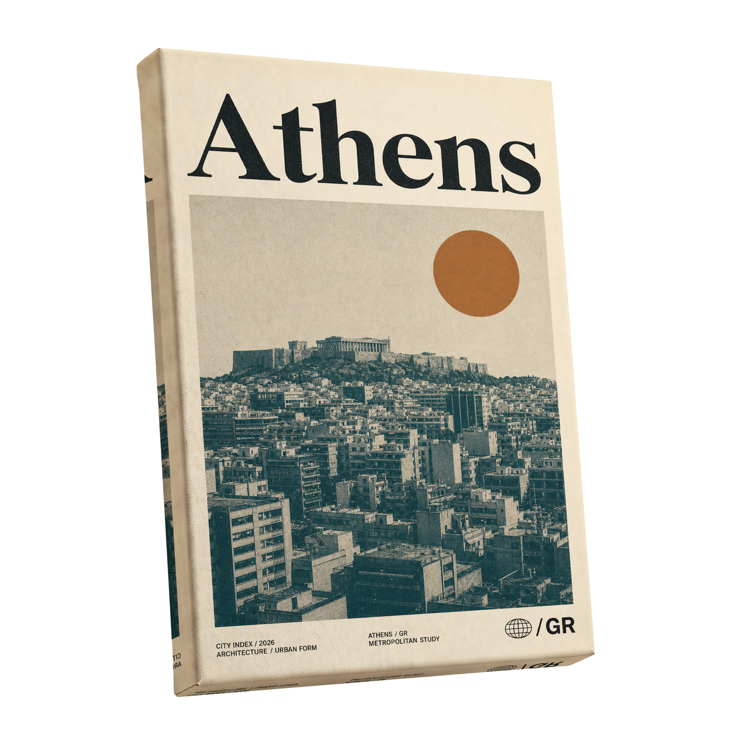 Athens Urban Study, beige, green, orange minimalist wall art shown as a stretched canvas wall art
