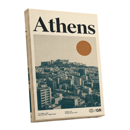 Athens Urban Study, beige, green, orange minimalist wall art shown as a stretched canvas wall art