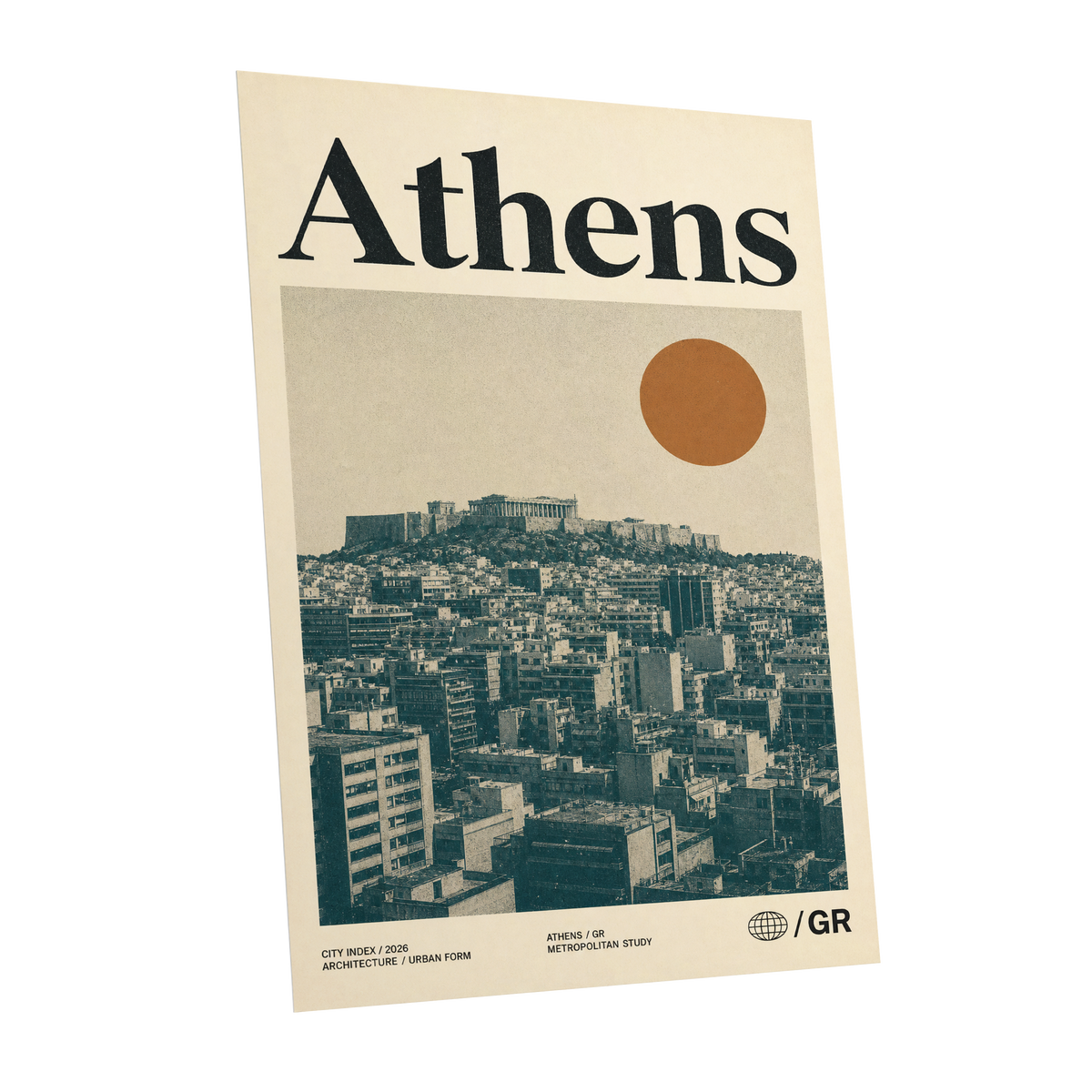 Athens Urban Study, beige, green, orange minimalist wall art shown as a unframed poster wall art print