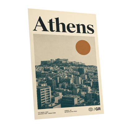 Athens Urban Study, beige, green, orange minimalist wall art shown as a unframed poster wall art print