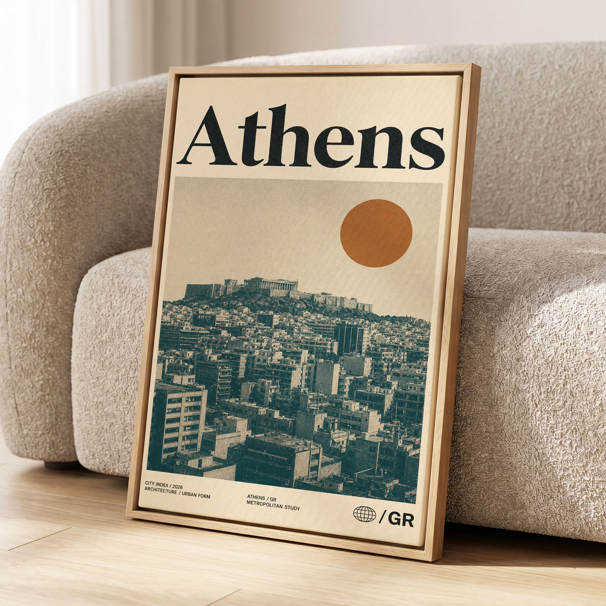Athens Urban Study, beige, green, orange minimalist wall art displayed in a styled interior, gallery view 1