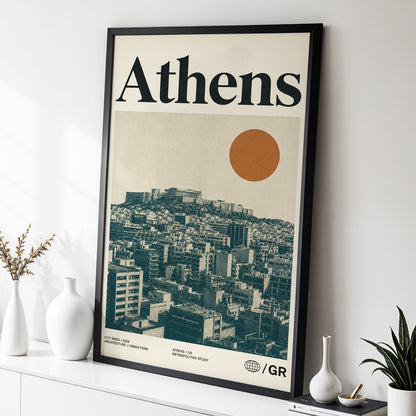 Athens Urban Study, beige, green, orange minimalist wall art displayed in a styled interior, gallery view 2
