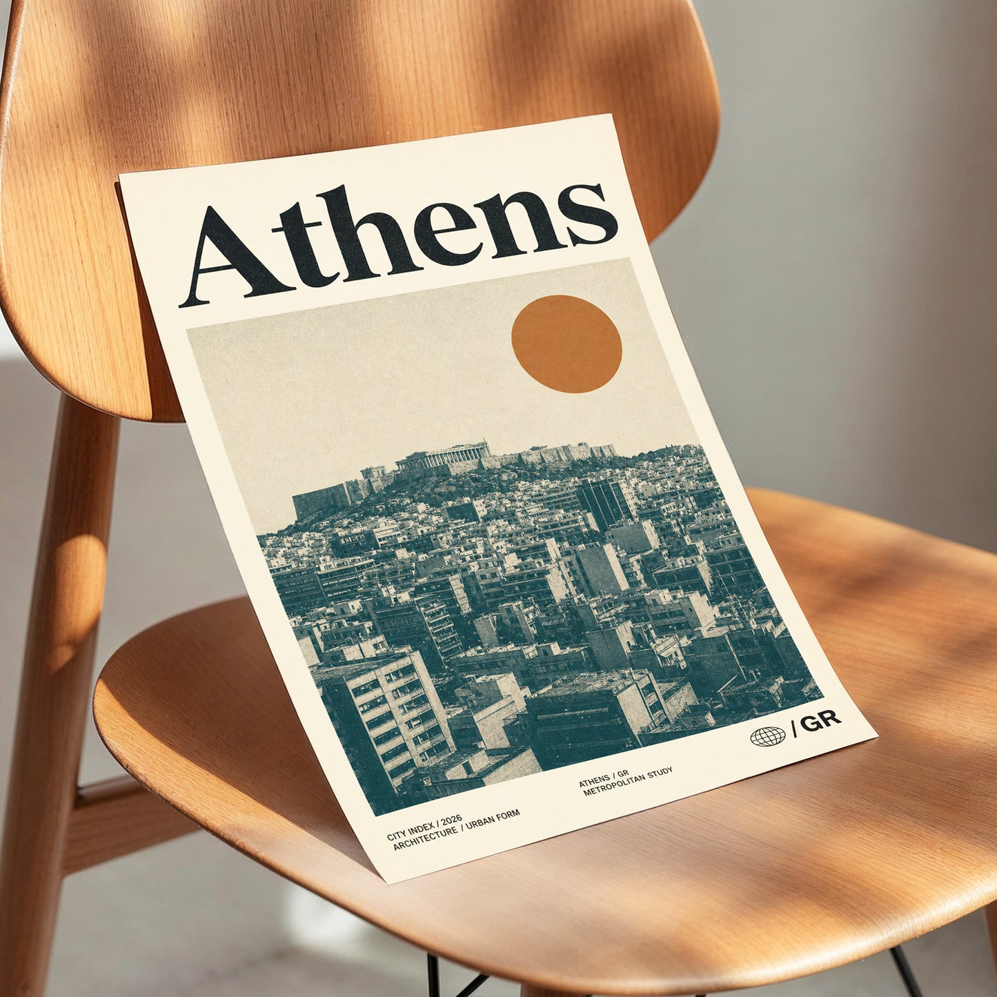 Athens Urban Study, beige, green, orange minimalist wall art displayed in a styled interior, gallery view 3