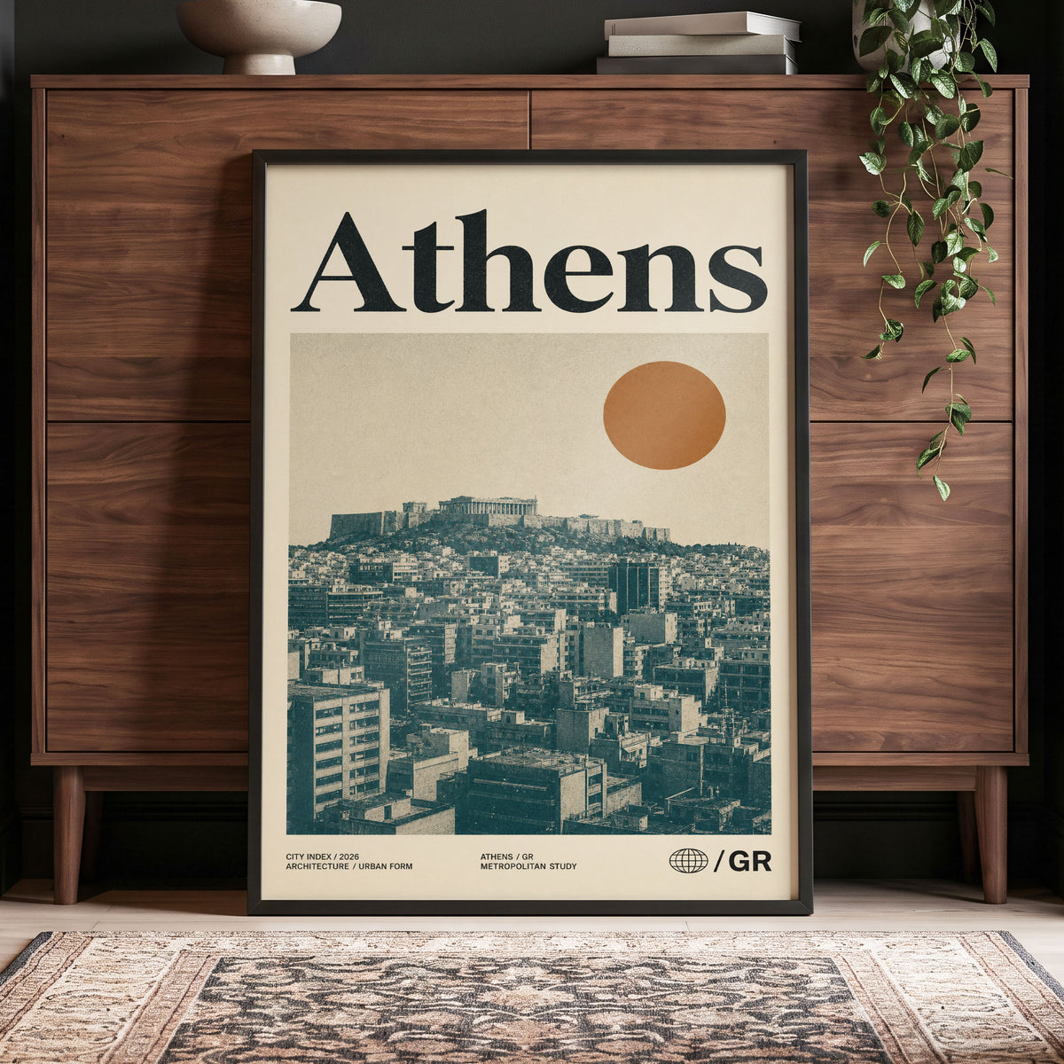 Athens Urban Study, beige, green, orange minimalist wall art displayed in a styled interior, gallery view 4