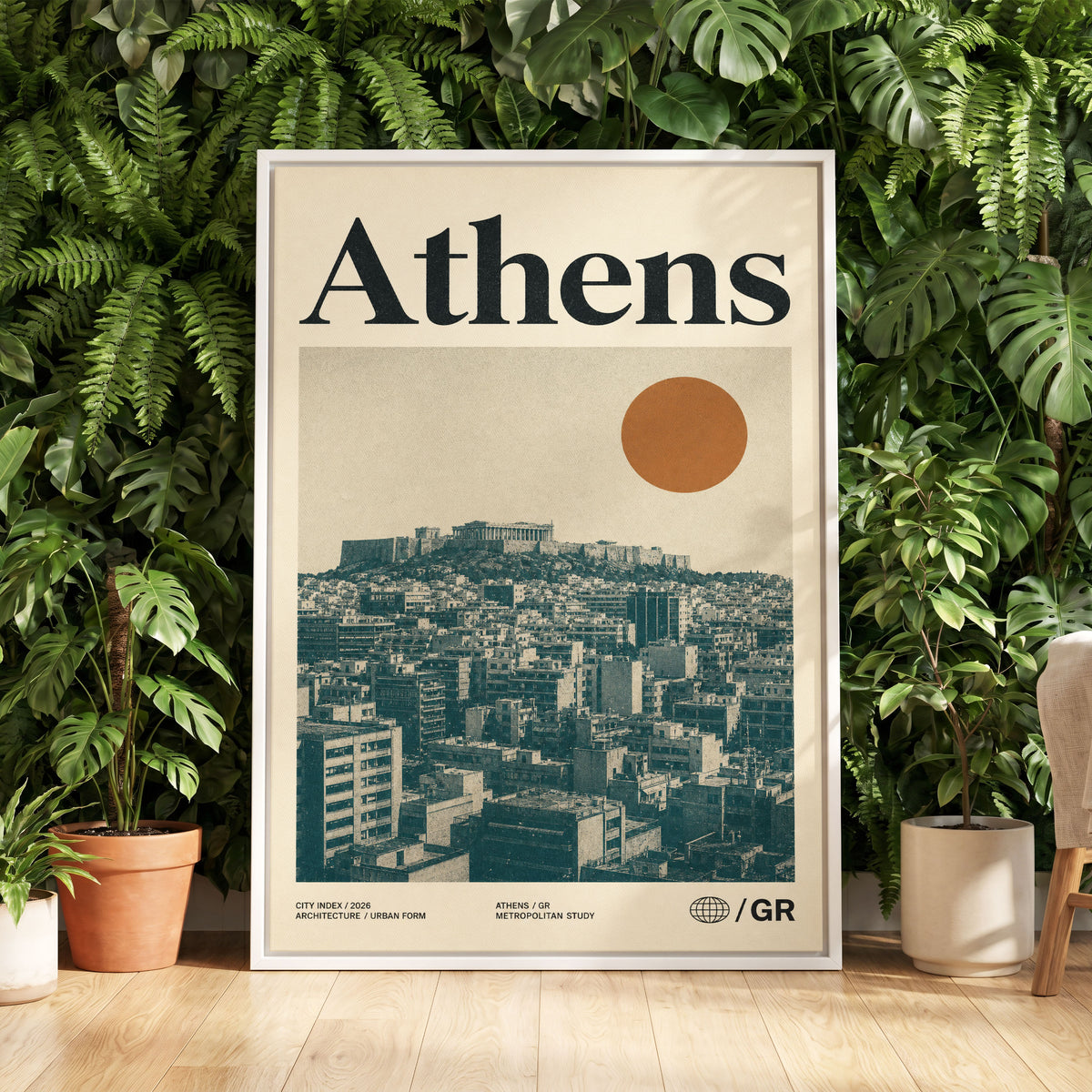 Athens Urban Study, beige, green, orange minimalist wall art displayed in a styled interior, gallery view 5