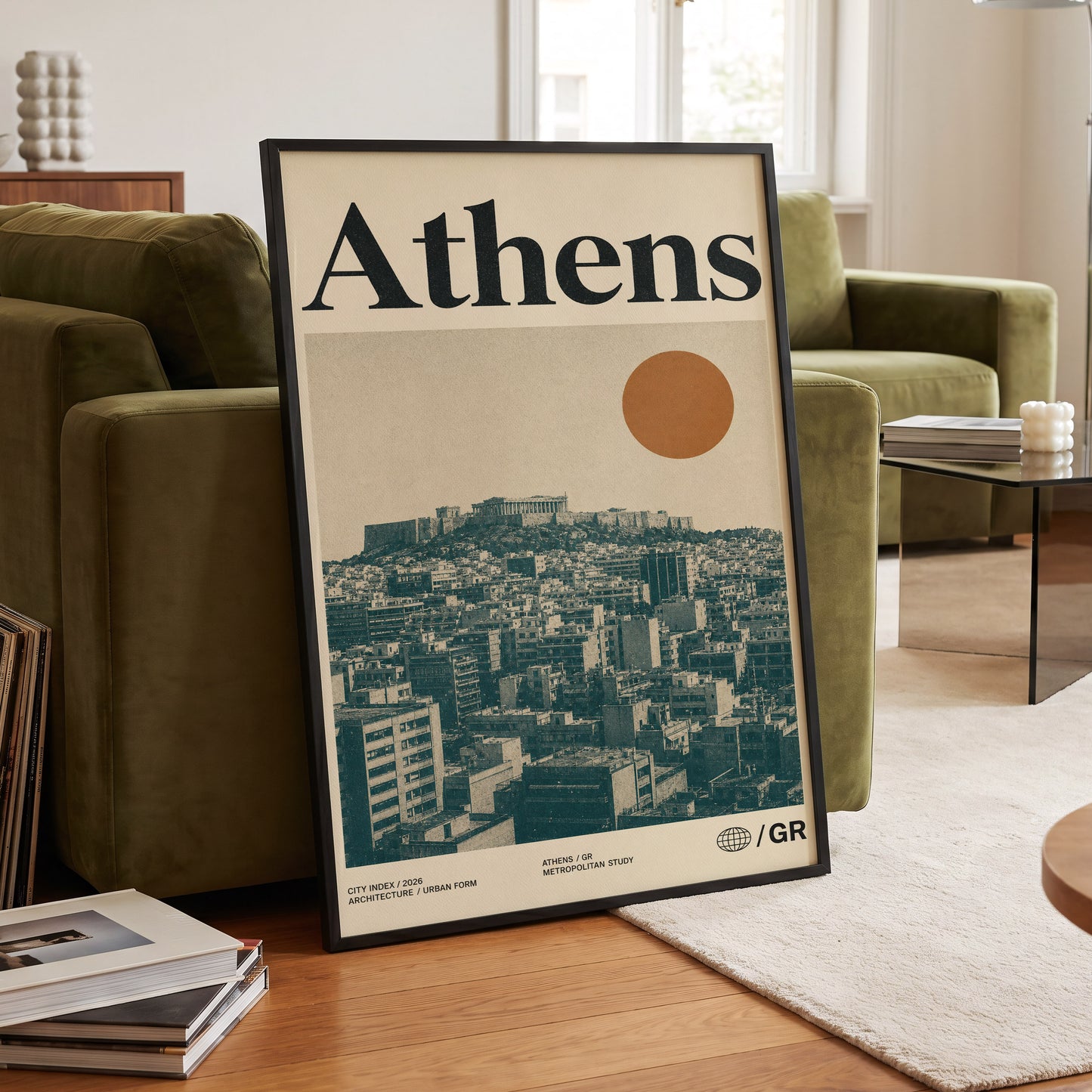 Athens Urban Study, beige, green, orange minimalist wall art displayed in a styled interior, gallery view 6