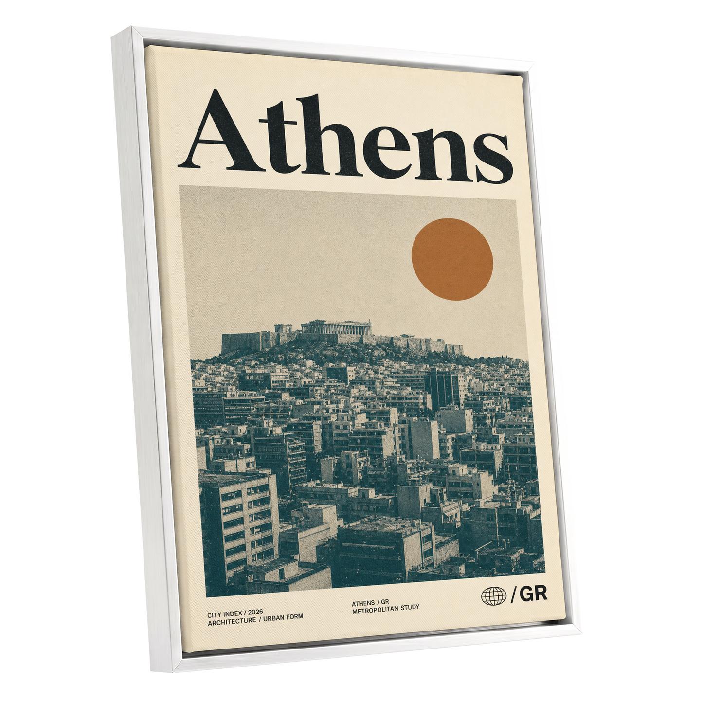 Athens Urban Study, beige, green, orange minimalist wall art shown as a white framed canvas wall art