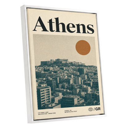Athens Urban Study, beige, green, orange minimalist wall art shown as a white framed canvas wall art