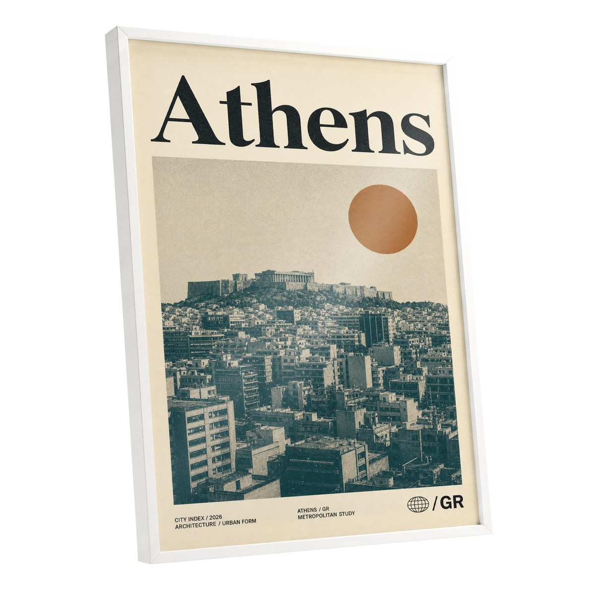 Athens Urban Study, beige, green, orange minimalist wall art shown as a white framed poster wall art print