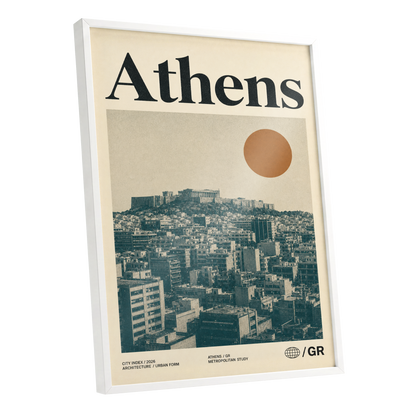 Athens Urban Study, beige, green, orange minimalist wall art shown as a white framed poster wall art print