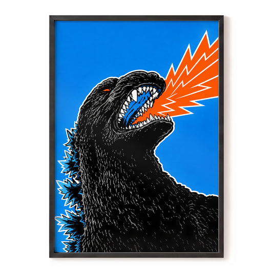 Atomic Roar, black, blue, orange abstract wall art, front artwork view