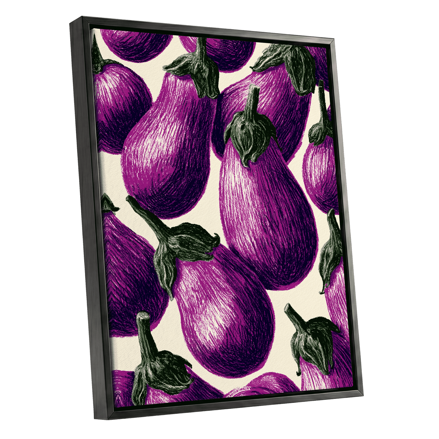 Aubergine Parade, purple, green, beige nature wall art shown as a black framed canvas wall art