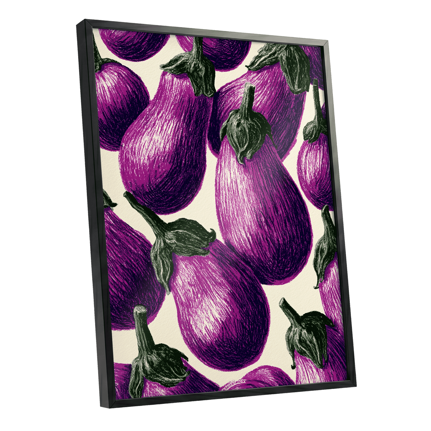 Aubergine Parade, purple, green, beige nature wall art shown as a black framed poster wall art print