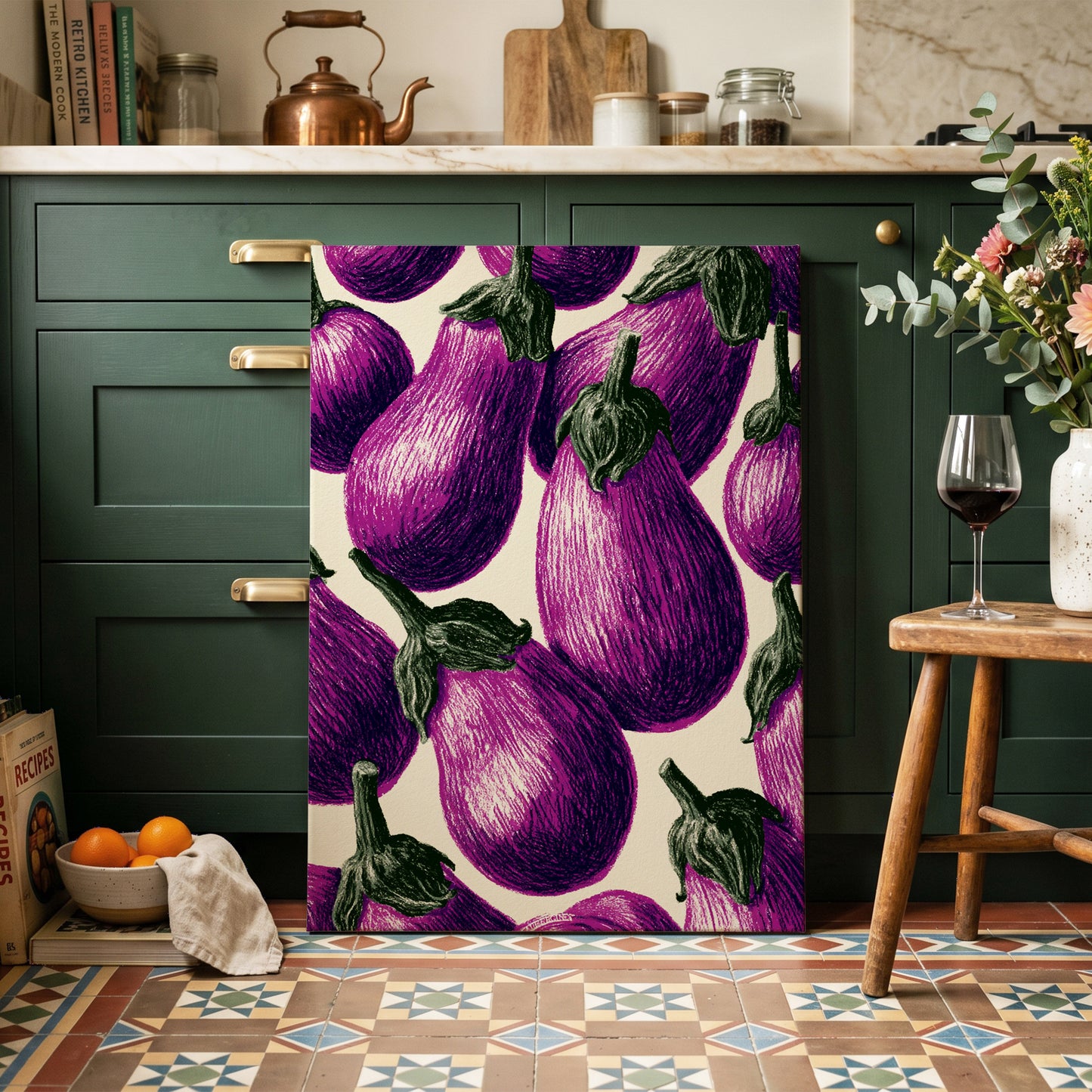 Aubergine Parade, purple, green, beige nature wall art on canvas displayed in a styled interior, gallery view 1