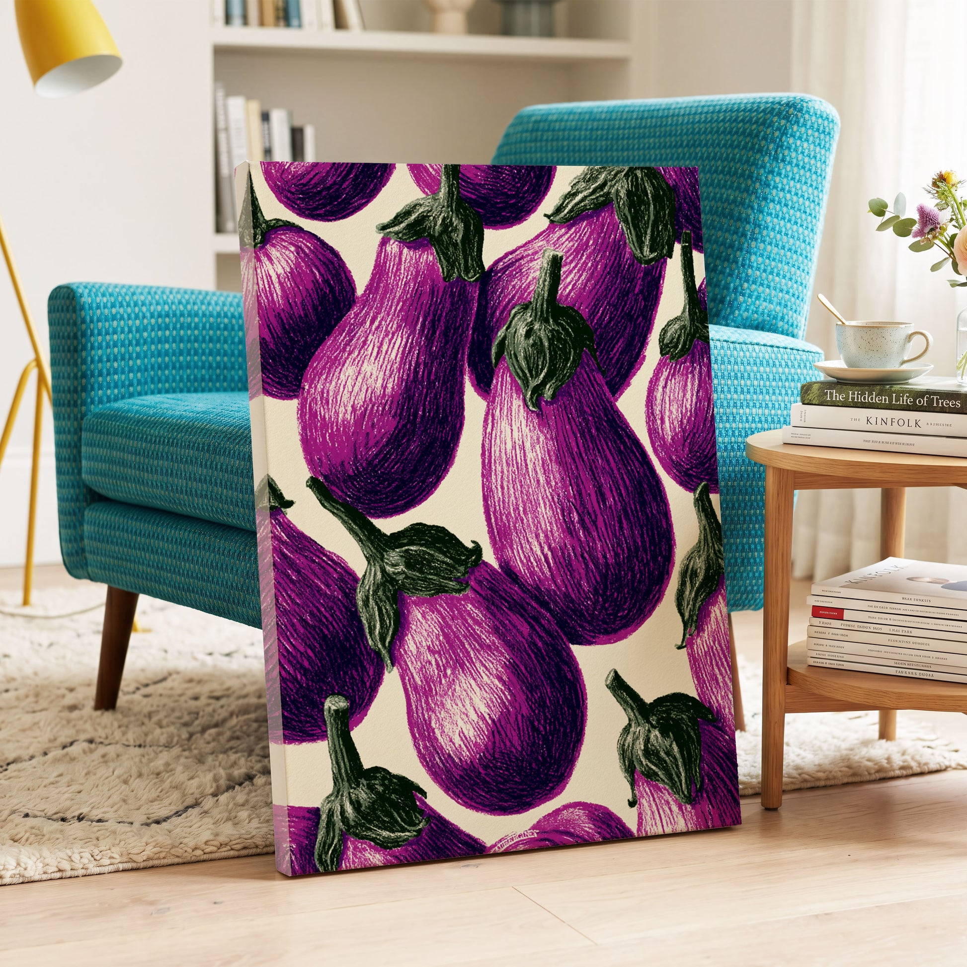 Aubergine Parade, purple, green, beige nature wall art on canvas displayed in a styled interior, gallery view 2