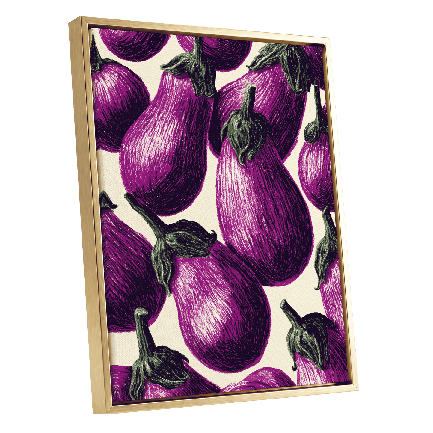 Aubergine Parade, purple, green, beige nature wall art shown as a gold framed canvas wall art