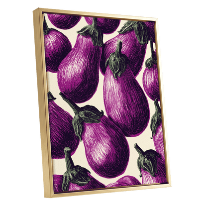 Aubergine Parade, purple, green, beige nature wall art shown as a gold framed canvas wall art