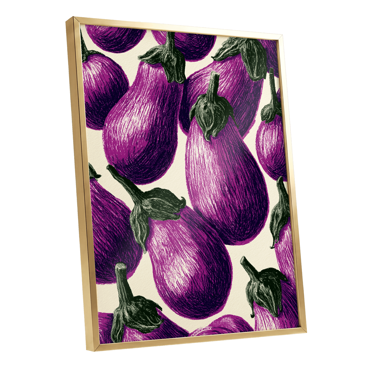 Aubergine Parade, purple, green, beige nature wall art shown as a gold framed poster wall art print