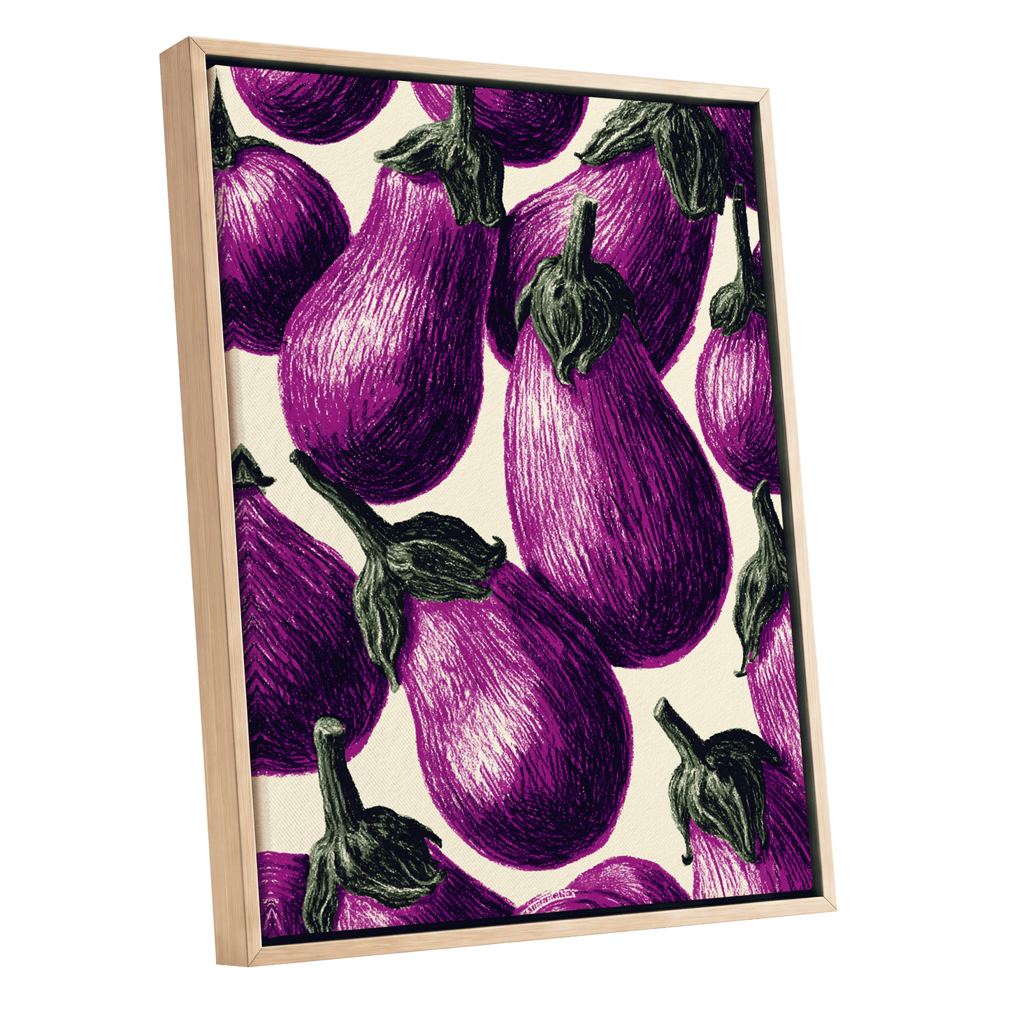 Aubergine Parade, purple, green, beige nature wall art shown as a oak framed canvas wall art