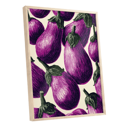 Aubergine Parade, purple, green, beige nature wall art shown as a oak framed poster wall art print