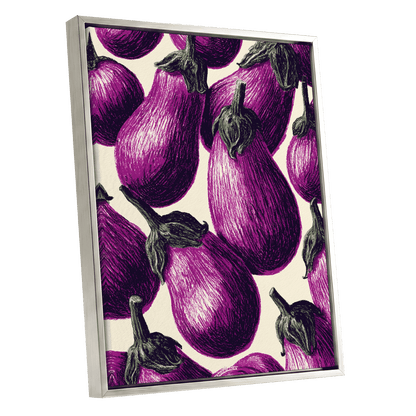 Aubergine Parade, purple, green, beige nature wall art shown as a silver framed canvas wall art