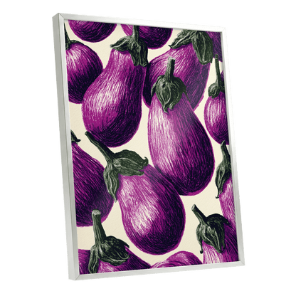 Aubergine Parade, purple, green, beige nature wall art shown as a silver framed poster wall art print