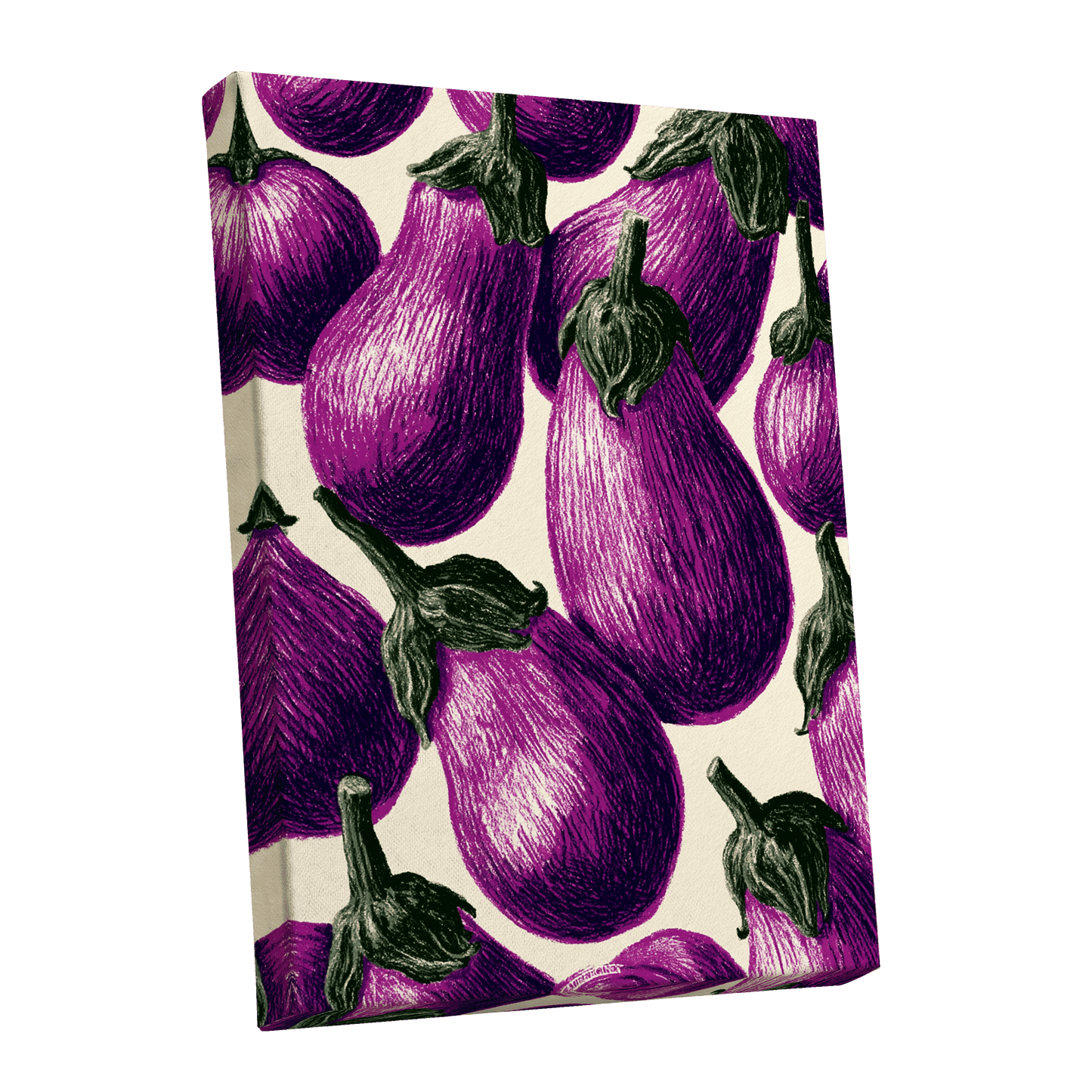 Aubergine Parade, purple, green, beige nature wall art shown as a stretched canvas wall art