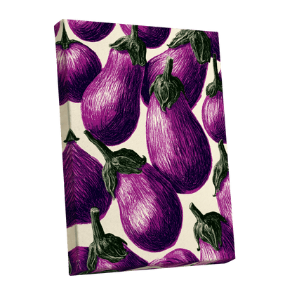 Aubergine Parade, purple, green, beige nature wall art shown as a stretched canvas wall art