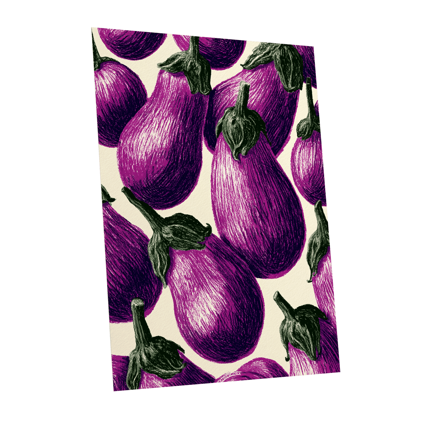 Aubergine Parade, purple, green, beige nature wall art shown as a unframed poster wall art print