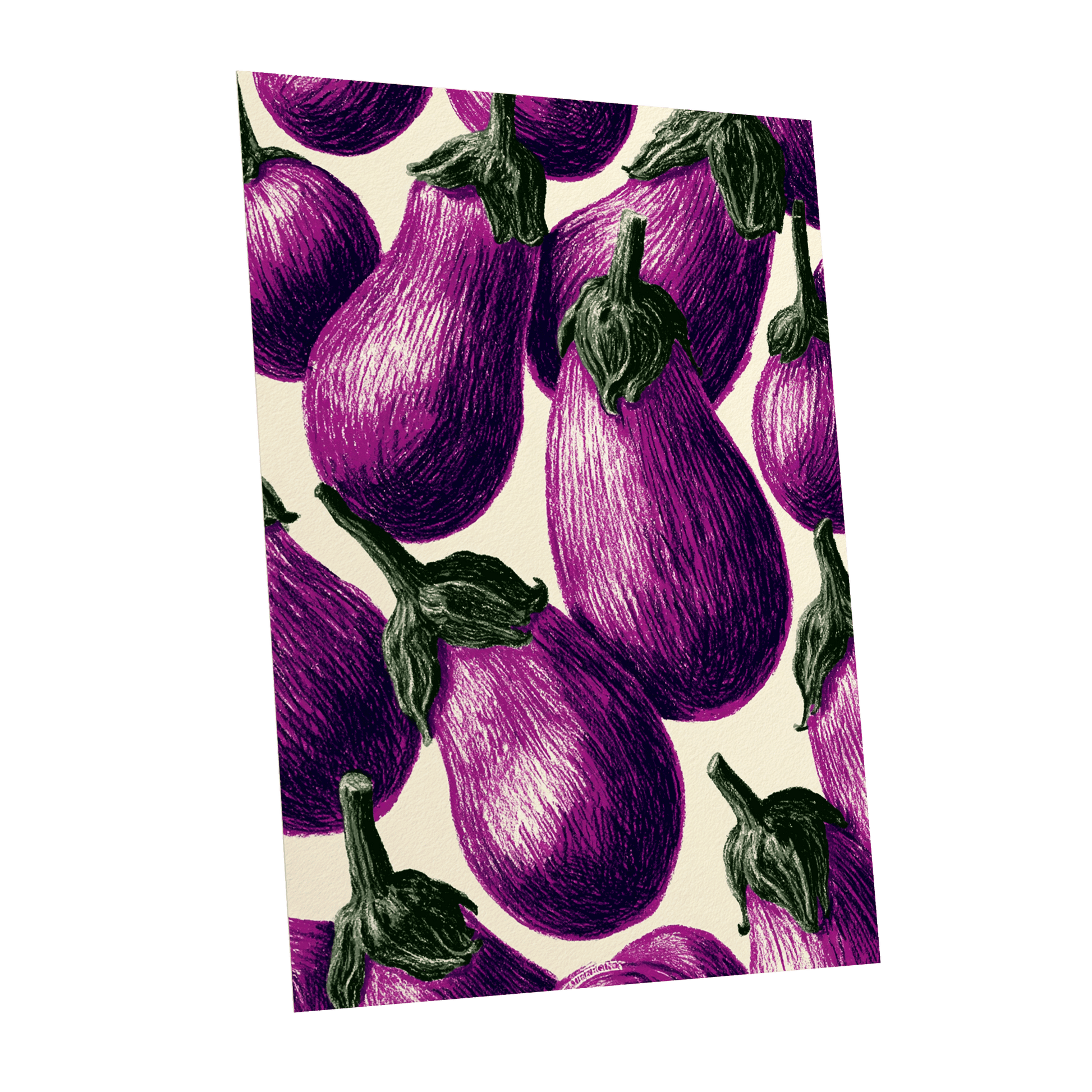 Aubergine Parade, purple, green, beige nature wall art shown as a unframed poster wall art print