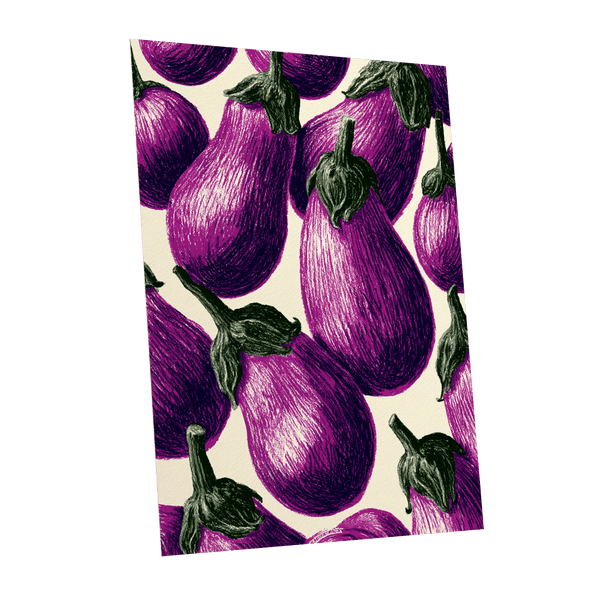 Aubergine Parade, purple, green, beige nature wall art shown as a unframed poster wall art print