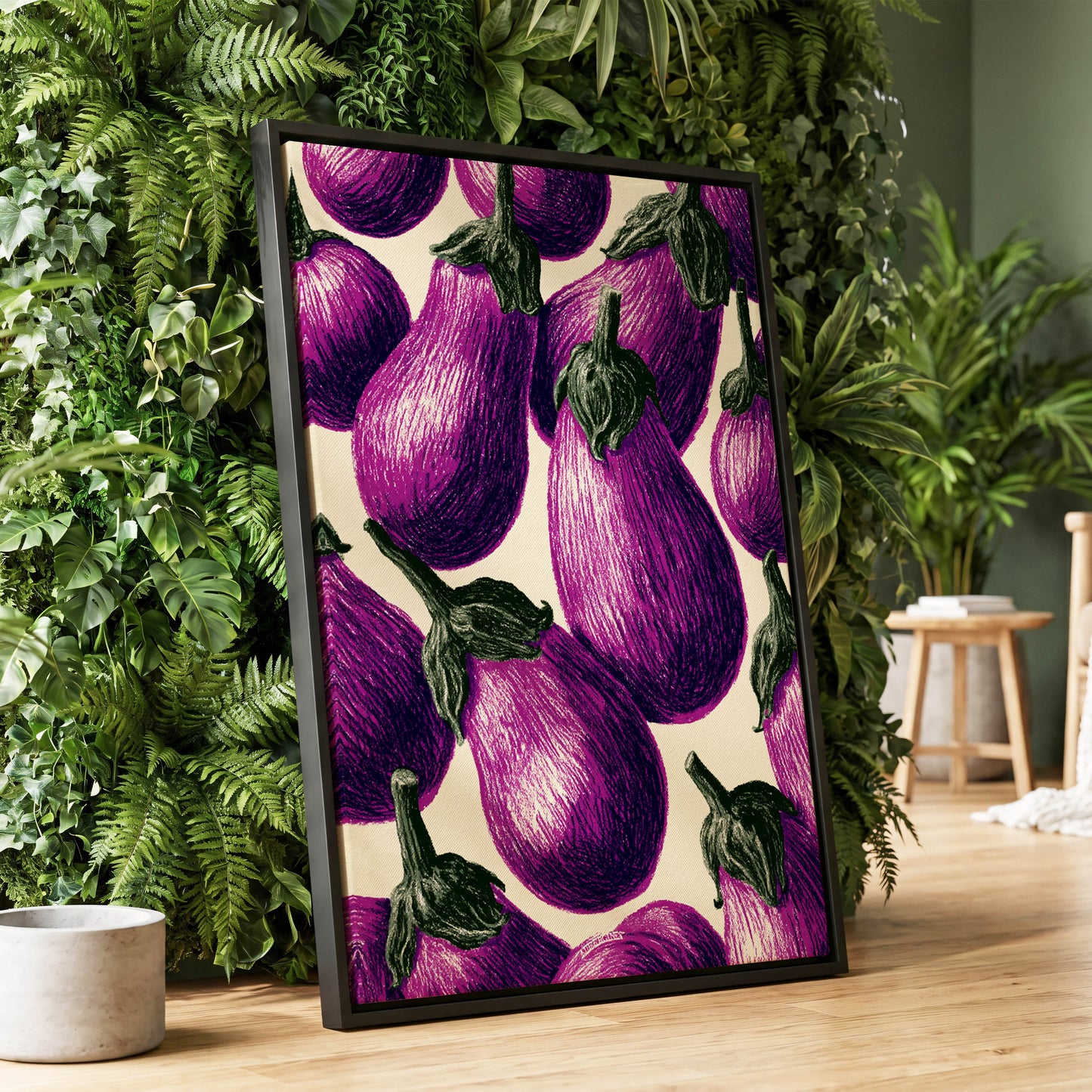 Aubergine Parade, purple, green, beige nature wall art displayed in a styled interior, gallery view 1
