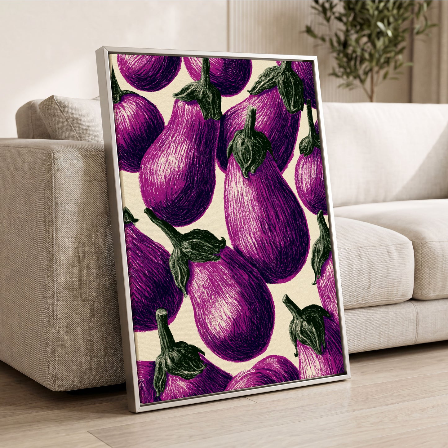 Aubergine Parade, purple, green, beige nature wall art displayed in a styled interior, gallery view 2