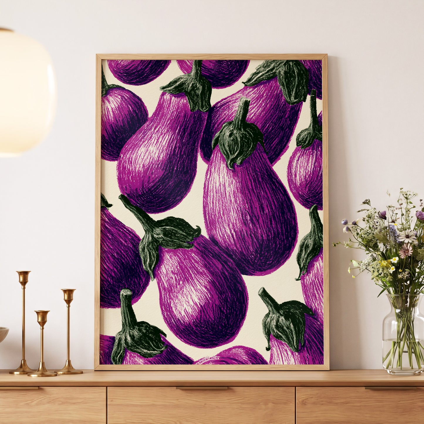 Aubergine Parade, purple, green, beige nature wall art displayed in a styled interior, gallery view 5