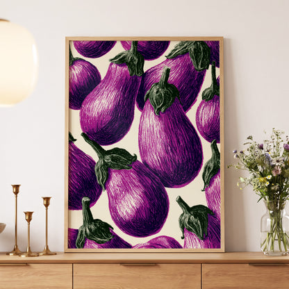 Aubergine Parade, purple, green, beige nature wall art displayed in a styled interior, gallery view 5