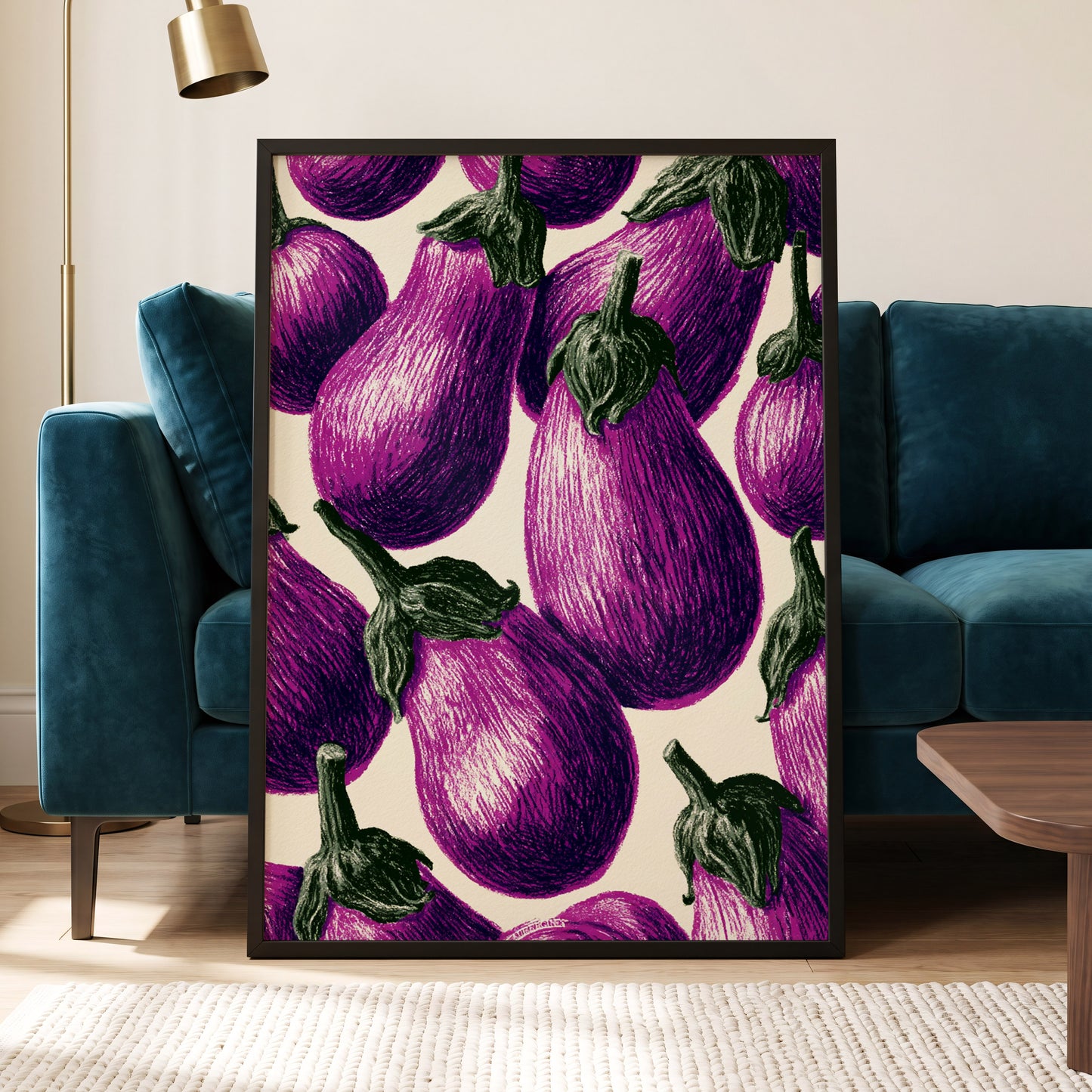 Aubergine Parade, purple, green, beige nature wall art displayed in a styled interior, gallery view 6