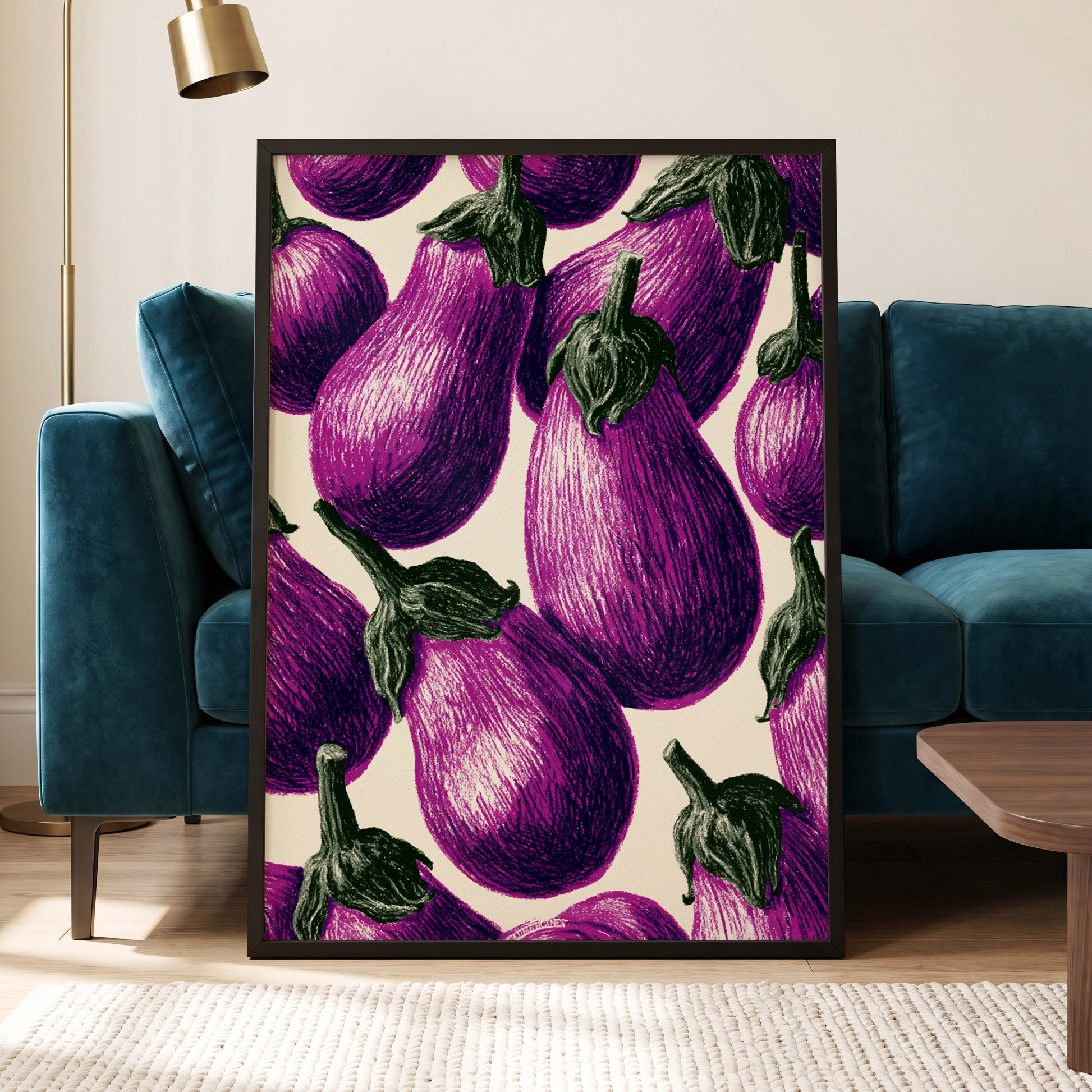Aubergine Parade, purple, green, beige nature wall art displayed in a styled interior, gallery view 6