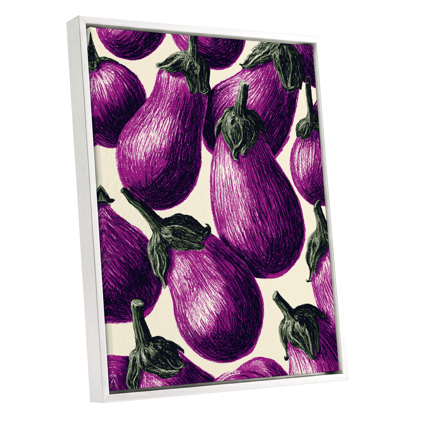 Aubergine Parade, purple, green, beige nature wall art shown as a white framed canvas wall art