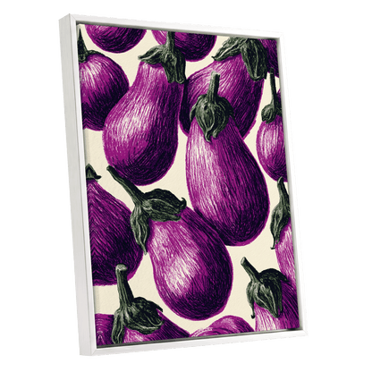 Aubergine Parade, purple, green, beige nature wall art shown as a white framed canvas wall art